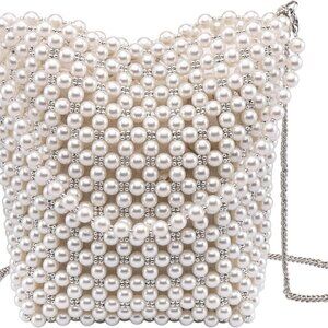 White Pearl Purse Crossbody Bag for Women Shoulder Handbag Beaded Clutch Evening